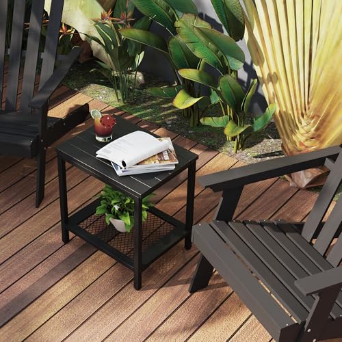 KAAPSAM Outdoor Side Table with Storage, 2-Tier Patio End Tables Weather Resistant, Black Outdoor Accent Table,Small Side Table for Pool, Deck, Garden