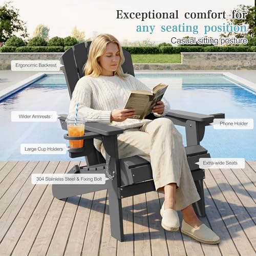 Shintenchi Folding Adirondack Chairs Set of 2,HDPE All-Weather Patio Chairs with Cup Holder & Phone Holder,Wooden Textured Fire Pit Chairs for Patio,Outside,Deck,Backyard,Dark Grey