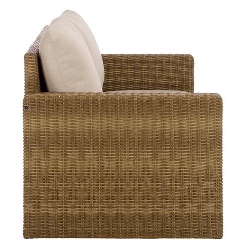 SAFAVIEH Outdoor Patio Furniture Collection – Emma Natural Rattan & Taupe Cushion Sofa, Modern Outdoor Seating (PAT7564A)