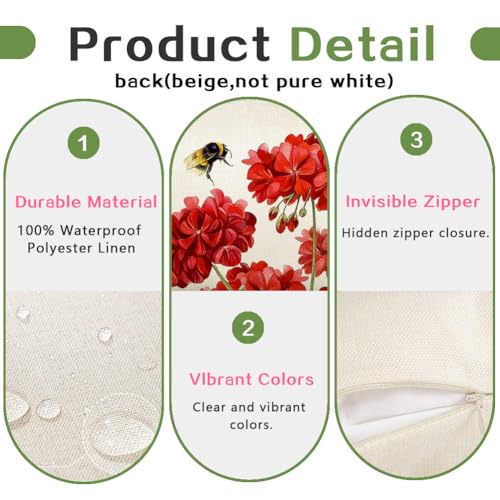 RABUSOFA Spring Summer Outdoor Geranium Pillow Covers 18x18 Inch Set of 2 Waterproof for Outside, Red Bee Holiday Farmhouse Seasonal Indoor Cushion Cases Decoration for Patio Furniture