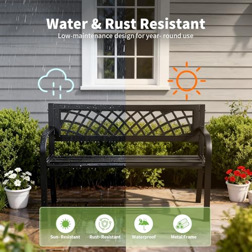 Garden Bench,Outdoor Benches,Iron Steel Frame Patio Bench with Mesh Pattern and Plastic Backrest Armrests for Lawn Yard Porch Work Entryway,Black