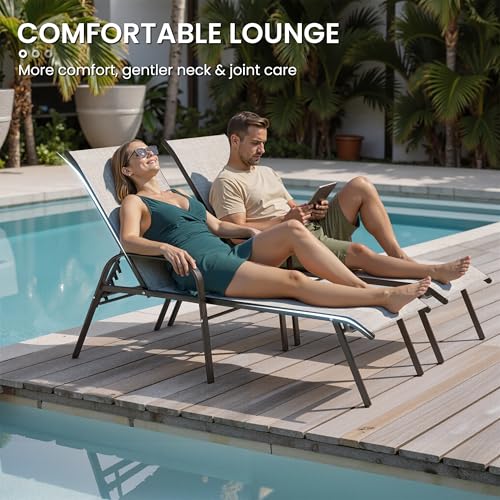 Crestlive Products Outdoor Chaise Lounge Chair,5-Position Pool Lounge Chairs with Armrests Sunbathing Recliner for Patio, Beach, Deck, Yard (2PC Beige)