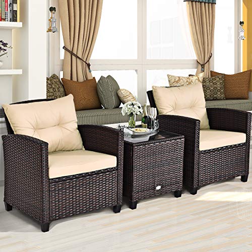 COSTWAY 3PCS Patio Furniture Set, PE Rattan Wicker Sofa w/Washable Cushion and Coffee Table, Tempered Glass Tabletop, Outdoor Conversation Set for Balcony, Porch, Yard, Backyard, Lawn, Beige