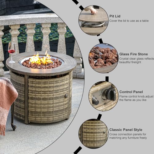 OutVue 32 inch Propane Fire Pit Table,Wicker Gas Fire Pits Table with Lid & Lava Rocks, 50000 BTU Round Propane Firepit for Outside, Fire Table for Dining,Party, Patio,Yard