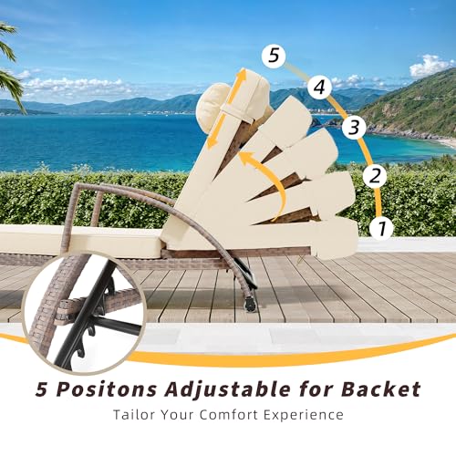 GarveeLife 2-Piece Rattan Patio Folding Chaise Lounge, 5-Position Adjustable Backrest Outdoor Lounge Chair with Cushion and Pillow for Poolside, Backyard, Deck, Porch, Beige