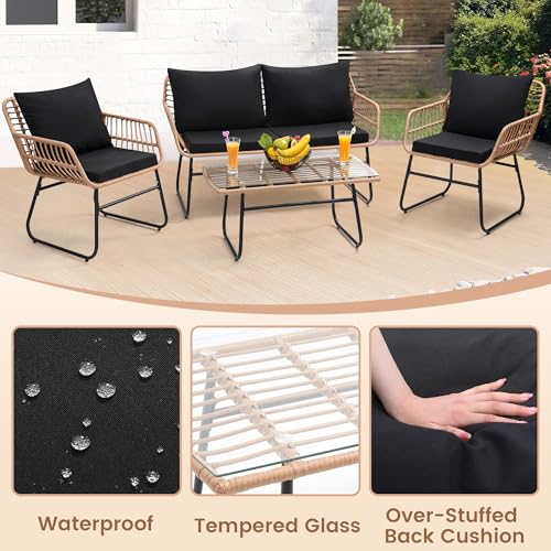 Kromax 4 Piece Patio Bistro Outdoor Furniture Set, Wicker Sofa, 2 Rattan Chairs, and Table, Backyard Conversation Set, All Weather Cushions, Natural Rattan Black Cushion