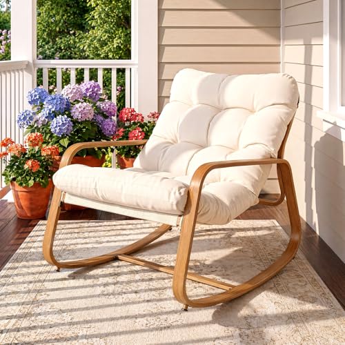 ONBRILL Rocking Chair with Thick Cushion Outdoor Indoor, Premium Iron Wood Grain Patio Papasan Rocker, Cozy Rocker for Garden, Balcony, Living Room, Bedroom