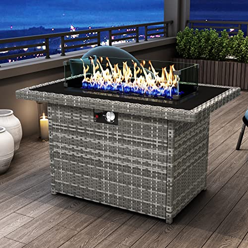 KHOLH 44 Inch Propane Gas Fire Pits Table for Outside Patio, 60000 BTU Rectangular Outdoor Wicker Rattan Fire Pit with Glass Wind Guard