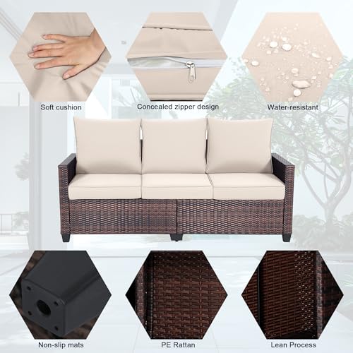 AstrPthylx 3-Seat Outdoor Sofa, PE Rattan, Beige