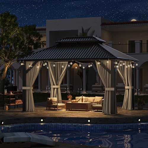 AirWire 10'x12' Gazebo Hardtop Gazebo, Aluminum Frame Pergola with Double Galvanized Steel Roof, Permanent Outdoor Metal Canopy with Curtain & Netting for Patio, Backyard, Deck, Dark Grey