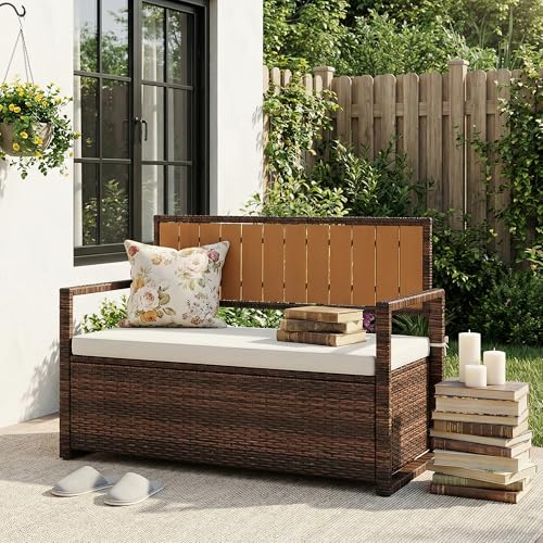 Outdoor Storage Bench with Cushion, 2-Seater PE Rattan Storage Box with Backrest & Armrests, 75 Gallon, 400 lbs Capacity Weatherproof Patio Bench for Garden, Balcony, Porch, Pool, Yard,Dark Brown