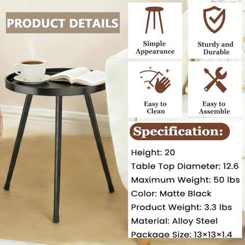 LMGVRZK Small Round Side Table Metal End Table Outdoor Black Side Table Mid-Century Modern Accent Table for Office Bedroom Balcony and Small Spaces.