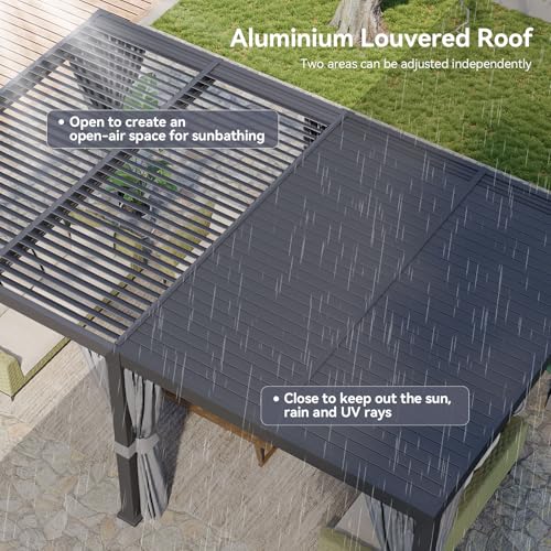 Aoxun Louvered Pergola 12x20 All-Aluminum Outdoor Gazebo with Independent Adjustable Roofs, Waterproof Curtains and Netting, Integrated Drainage System for Patios & Backyard