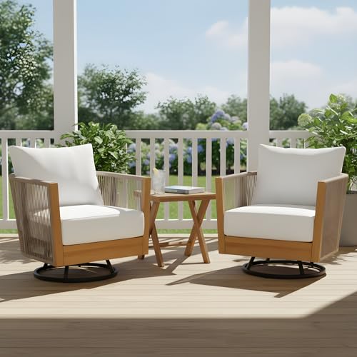 Christopher Knight Home Outdoor Swivel Rocking Chair Set of 2 with Cushion & Cross Base Side Table, Acacia Wood Patio Swivel Rocker Chair Set 360 Degree Porch Chairs for Backyard Balcony, Natural/Teak
