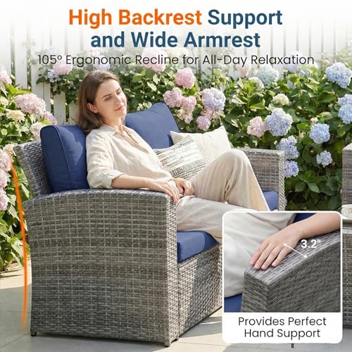 Wisteria Lane Patio Furniture Set, Wicker Outside Outdoor Furniture for All Weather, Patio Sofa with High Backrest Support and Wide Armrest for Backyard, Balcony, Deck, Porch, Dark Blue