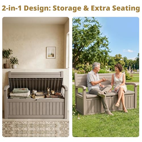 EFU Outdoor Storage Bench, Outdoor Bench with Storage, 80 Gallon Heavy-Duty&Waterproof Lockable Storage Bench Outdoor for Patio, Garden, Porch (Light Brown)