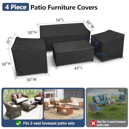 STARTWO Outdoor Furniture Cover Waterproof, 4 Piece Patio Furniture Set Cover 400D for Outside Couch, Lawn Chairs, Coffee Table, Windproof with Buckle Strap, Black