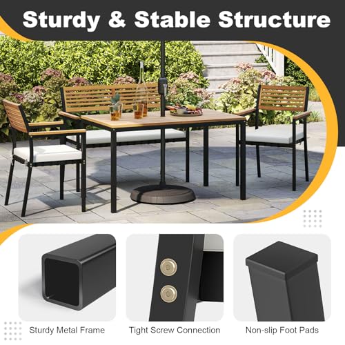 Tangkula 4 Piece Patio Dining Furniture Set, Outdoor Dining Chair Set for 4 w/Acacia Wood & Metal Frame, Umbrella Hole, 1 Table, 2 Armchairs, 1 Bench for Lawn, Garden, Backyard, Porch