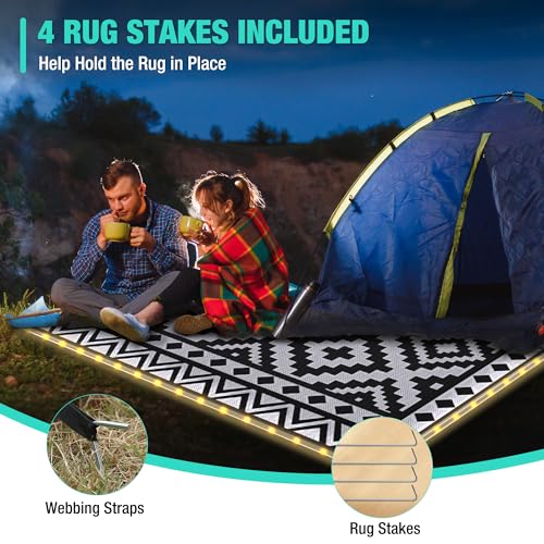 HAUSHOF 5'X8' Outdoor Rug Waterproof with LED Strip Light, Reversible Outdoor Plastic Straw Rug, Patio Rug with 4 Rug Stakes, Outdoor Carpet Mat for RV, Camping, Beach, Porch, Balcony, Black&White