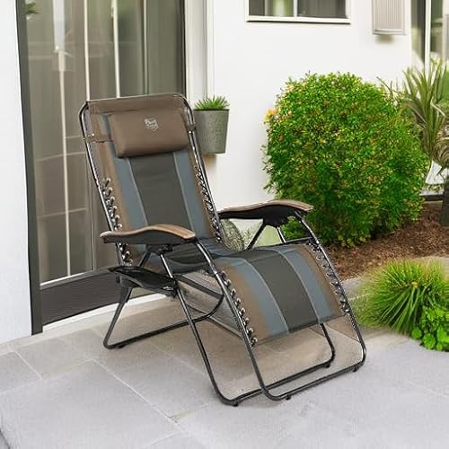 TIMBER RIDGE Outdoor Reclining Patio Padded with Adjustable Headrest and Cup Holder Foldable Zero Gravity Lawn Chair XL for Adults, Support up to 350 LBS, Brown,1 Count