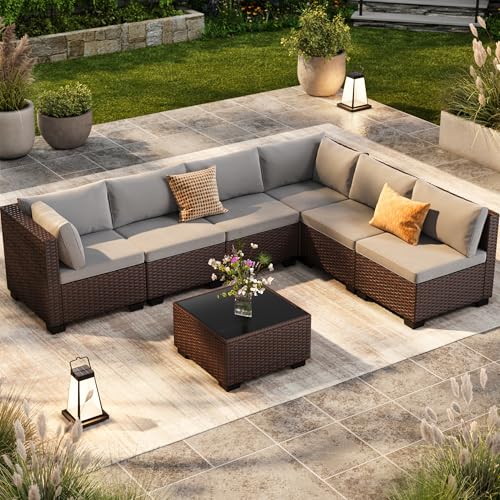 Ahomly 7-Piece Patio Furniture Set, Outdoor Sectional Couch with Water-Resistant Cushions & Coffee Table, PE Rattan Outdoor Patio Sofa Set for Backyard, Deck, Garden, or Porch, Grey