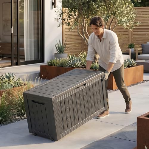EasyUp 85 Gallon Outdoor Storage Box, Resin Waterproof UV-Resistant Deck Box, Reinforced Stability for Patio, Garden, and Poolside, Striped Black