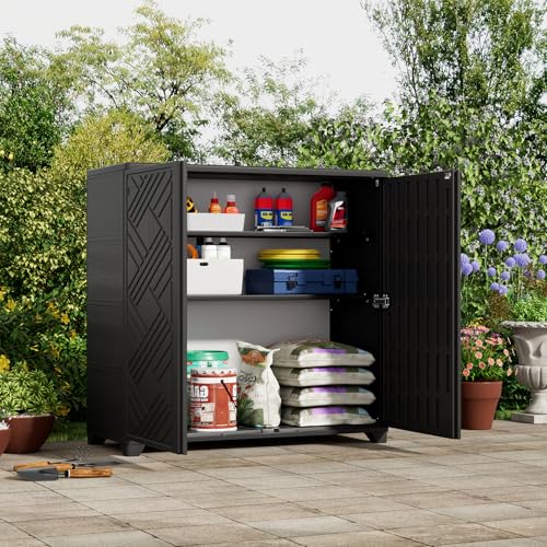 ZZM Indoor/Outdoor Storage Cabinet Waterproof, 34"x15"x34" Plastic Outdoor Storage Box for Garden Balcony Bathroom, All Weather Outdoor Storage Clearance, DIY Usage, with No Shelf (Black)
