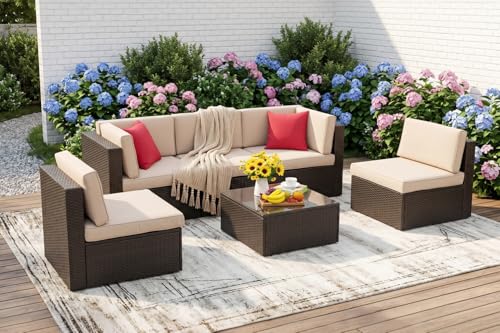 Vongrasig 6 Pieces Patio Furniture Set, Outdoor Sectional Patio Sofa Couch, PE Wicker Rattan Patio Set with Coffee Table for Garden, Backyard, Poolside (Beige)