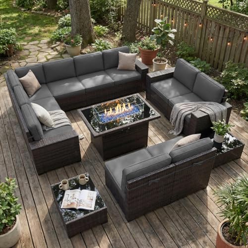 LayinSun 13 Pieces Outdoor Patio Furniture Set with 44" Fire Pit Table Brown Rattan Sectional Sofa Conversation Sets