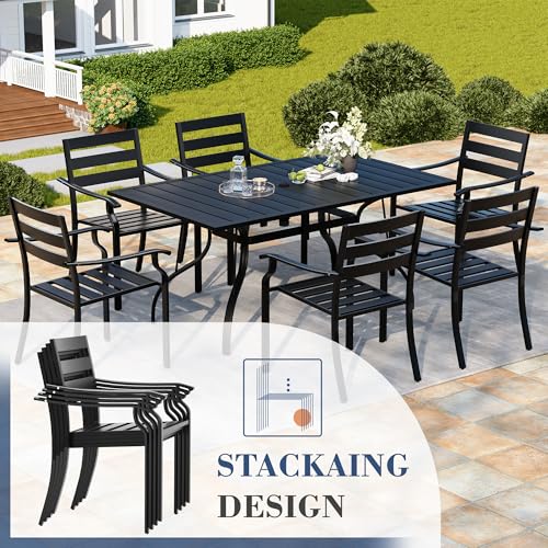 HOMREST 7 Piece Outdoor Patio Dining Set for 6, 63" Rectangular Metal Table with Umbrella Hole and Storage Shelf, Stackable Steel Chairs, Large Patio Furniture Set for Deck/Backyard/Poolside/Garden
