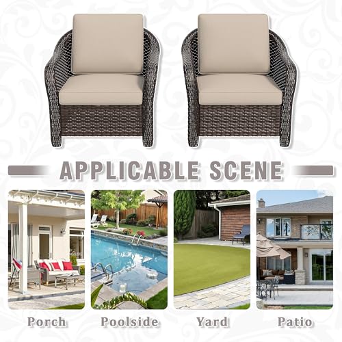 Qsoer Outdoor Wicker Chair Set of 2, All-Weather Use Patio Rattan Chair with Seat and Back Cushion, Ideal for Porch, Backyard, Balcony, Poolside, Beige