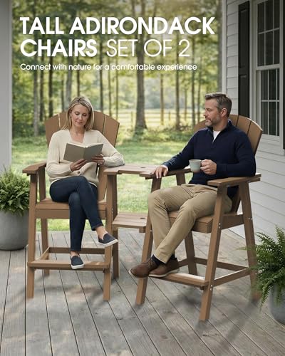 SUUNYN Tall Adirondack Chairs Set of 2, HDPE High Adirondack Chairs with Double Removable Trays, All Weather Outdoor Barstools for Patio, Balcony, Backyard, Deck and Garden, Teak