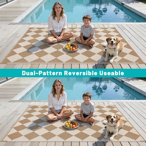 HEBE Outdoor Rug Waterproof 6x9, Checkered Plastic Straw Rug RV Camping Rug, Reversible Outdoor Patio Mat Clearance, Outside Carpet for Porch,Deck,Camper,Balcony