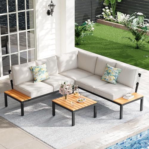 SunloungeCo 5-Person Outdoor Patio Furniture Set, Durable Metal Frame Outdoor Sectional with Wood-Look Table & Waterproof Cushions, All-Weather Conversation Set for Garden, Balcony, Poolside-Beige