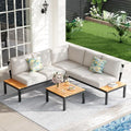 SunloungeCo 5-Person Outdoor Patio Furniture Set, Durable Metal Frame Outdoor Sectional with Wood-Look Table & Waterproof Cushions, All-Weather Conversation Set for Garden, Balcony, Poolside-Beige
