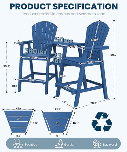 FOOWIN Tall Adirondack Chair Set of 2, All Weather HDPE Bar Height Adirondack Chair with Double Connecting Trays, Adirondack Barstools for Balcony, Deck, Backyard, Patio, Garden Navy Blue