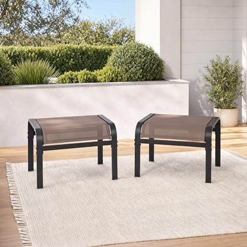 Outdoor Ottoman Set of 2, Outdoor Foot Stool with Textliene Fabric, Metal Frame, Stackable Oversized Foot Rest for Patio Garden Pool, Light Brown