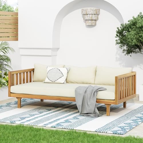 Christopher Knight Home Claremont Patio Sofa and Coffee Table Set, 2 Piece Outdoor Patio Furniture Set with Cushion, Acacia Wood 3 Seater Outdoor Sofa Daybed and Coffee Table Set, Teak+Beige