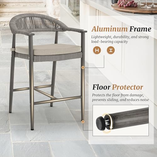 Cozyman Bar Stools Set of 4, 24.8'' Aluminum Outdoor Bar Stool with Removable Cushion, Boho Rattan BarStools, Olefin Rope Woven Bar Chairs with Footrest for Patio, Garden, Pool, Kitchen, Gray