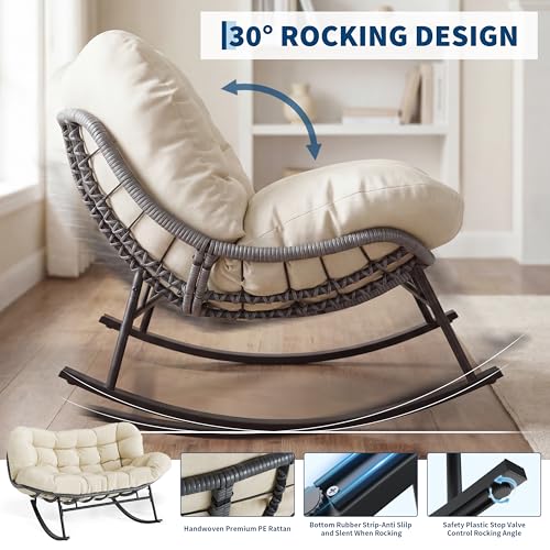 Outdoor Double Rocking Chair with Ottoman, 700 LBS Heavy-Duty Wicker Loveseat Rocker, 30° Anti-Slip Rocking Design, Beige Cushioned Patio Rocking Egg Chair Set for Porch, Backyard, Living Room