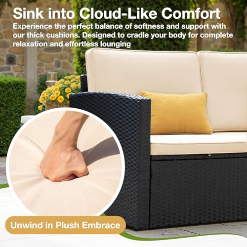 Devoko Patio Sofa,Outdoor Furniture Set 4 Pieces,Wicker Sectional Couch with Glass Desktop and 75.9in Wide Backrest for Backyard, Deck,Porch & Poolside(Black)