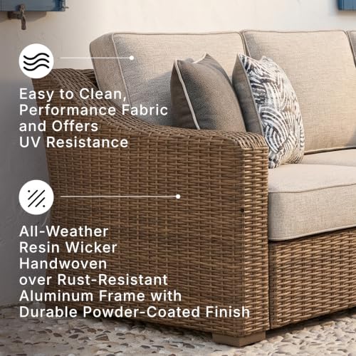 Signature Design by Ashley Carmel Bay Outdoor Sofa, Handwoven Resin Wicker Patio Couch, Rust-Resistant Aluminum Frame, 3-Seater for Backyard or Sunroom, Beige, 84" W