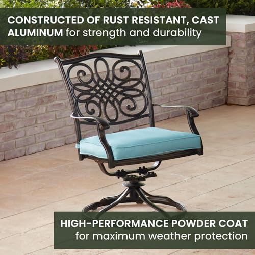 Hanover Traditions 9-Piece Rust Resistant Aluminum Outdoor Patio Dining Set with Blue Cushions, Swivel Rockers and Aluminum Square Dining Table, Outdoor Dining Set For 8