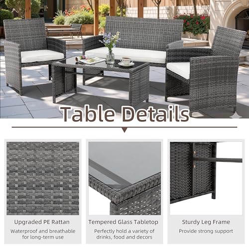 4 Piece Patio Ratten Set Outdoor Furniture Set Wicker Conversation Set with Cushions and Tempered Glass Tabletop,Beige