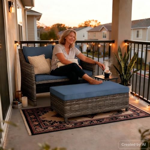OC Orange-Casual 2-Piece Outdoor Patio Furniture Wicker Love-seat and Coffee Table Set, with Built-in Storage Bin, Grey Rattan, Navy Blue Cushions