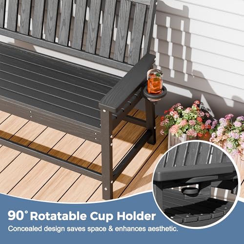 WELYAS Outdoor Bench with Unique 2 Cup Holders, Easy Assemble All Weather Low Maintenance Sturdy HDPE Bench for Garden Porch 2 Person,Grey