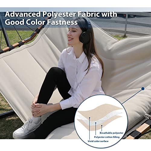 TegerDeger 12FT 2 Person Hammock with V Shaped Hardwood Spreader Bar & Nylon Rope for Outside, Patio, Garden, Backyard, Beach, Poolside, 450LB Capacity, 55in x 79in - Beige