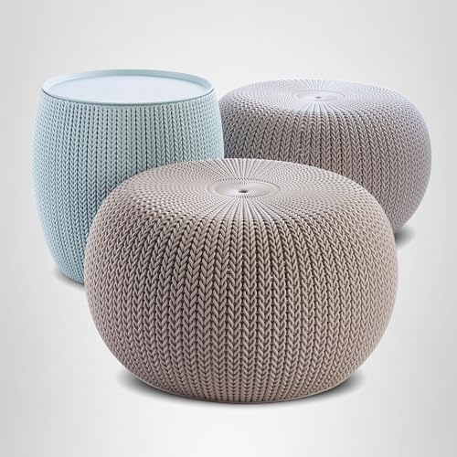 Keter Urban Knit Pouf Ottoman Set of 2 with Storage Table for Patio and Room Décor - Perfect for Balcony, Deck, and Outdoor Seating, Misty Blue & Taupe