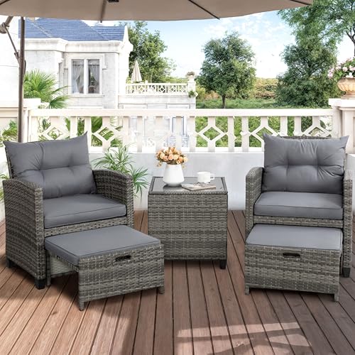 Shintenchi 5 Pieces Patio Furniture Set, Outdoor Wicker Patio Conversation Set with Ottoman, All Weather Rattan Outside Chairs with Coffee Table & Cushion for Porch, Garden, Backyard, Gray