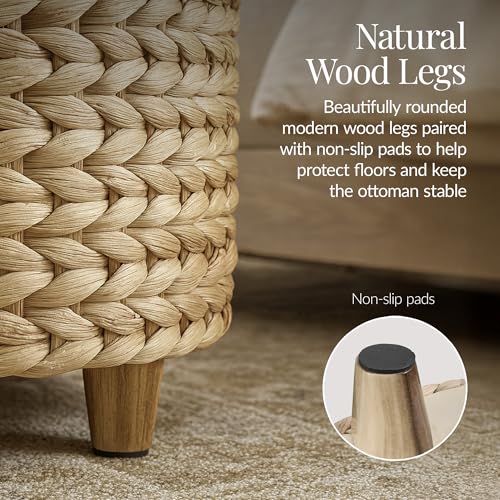 Best Choice Products 17" Round Storage Ottoman W/Lid, Handwoven Water Hyacinth Footstool, Footrest w/Wooden Legs, Accent Side Table, Storage Container, Plant Stand - Natural